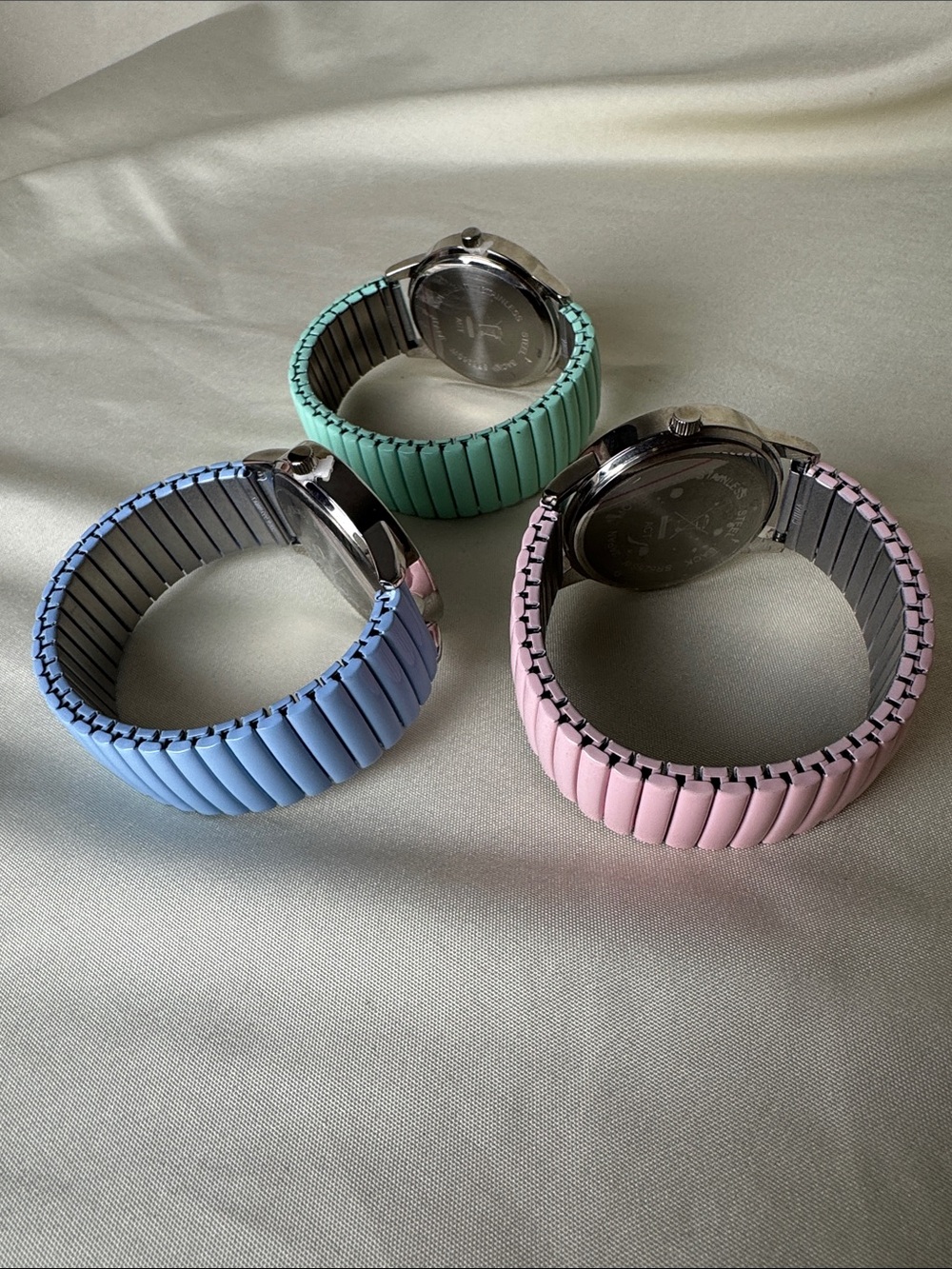 Set of 3 Rhinestone Accent Stretch Band Watches - Pastel Pink, Blue, Mint - Picture 7 of 8